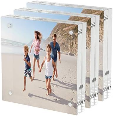 AITEE 4x4 Acrylic Picture Frames 3 Pack, 20% Thicker Block, Clear Picture Frames Freestanding Double Sided Magnetic Acrylic Lucite Frameless Transparent Square Frame Gift for Desktop Display