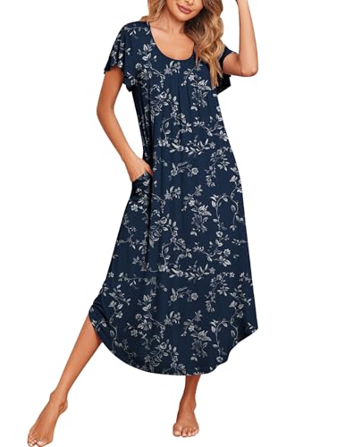 Ekouaer Womens Nightgowns Long Moo Moos for Women Pleated Short Sleeves House Dress with Pockets S-XXXL