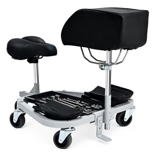 Image of Rolling Knee Creeper with Chest Support and Adjustable Seat 11.5 inch-15.5 inch Height Ergonomic Kneeling Cart 360 Mobility 5 Heavy Duty Casters with Tool Tray for Tile Installation, Flooring Work.