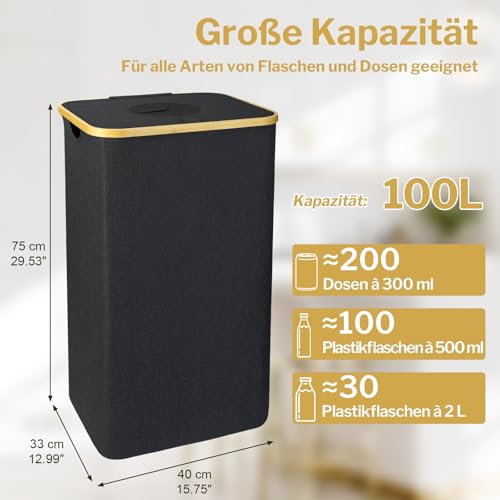 PeranoRidia 100L Pfandflaschen Sammelbehälter [INKL. TRAGETASCHE], Flaschensammler Leergut, PET Flaschen Pfandbehälter, Pfandsammler Organizer and Altglas Aufbewahrung mit Einwurf, Schwarz