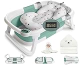 Befol Collapsible Baby Bathtub for Infants to Toddler, Portable Travel Bathtub Multifunctional Bathtub with Drain Hole, Baby Folding Bathtub for Newborn 0-36 Month (Blue-Green+Floating Baby Bath Cushion)