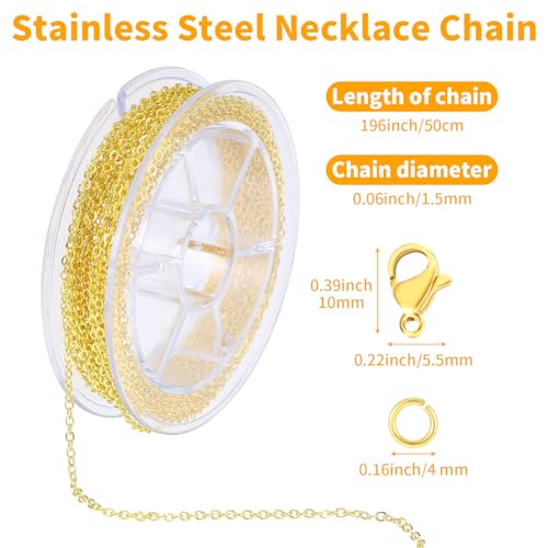 COMNICO 16.4ft Stainless Steel Chain 2.4mm Jewelry Cable Link Chain Roll DIY Craft Supplies Findings with 20pcs Lobster Clasps 50pcs Jump Rings for Making Necklace Earring Bracelet (Gold)