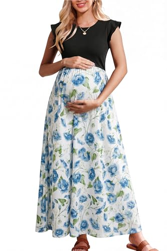 Image of OUGES Women's Maternity Dress Summer Ruffle Sleeve Patchwork Casual Flowy Maxi Dresses with Pockets