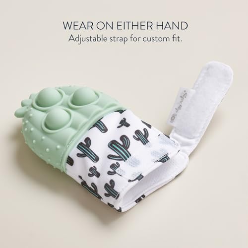 Image of Itzy Ritzy Silicone Teething Mitt - Soothing Infant Teething Mitten with Adjustable Strap, Crinkle Sound & Textured Silicone to Soothe Sore & Swollen Gums - for Ages 3 Months & Up (Cactus)