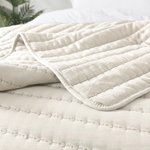 ROARINGWILD Ivory Twin Size Quilt Bedding Sets with 1 Pillow Sham, Lightweight Soft Bedspread Coverlet, Quilted Blanket Thin Comforter Bed Cover for All Season, 2 Pieces, 68x90 inches
