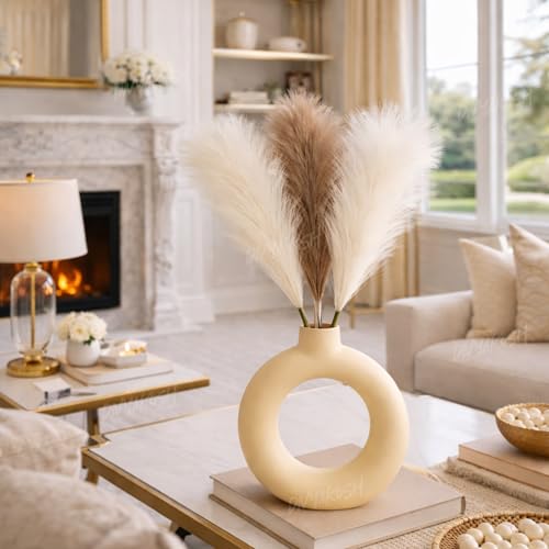 Image of Divyakosh Artificial Pampas Grass 3 Pcs (2 White + 1 Brown) Faux Dried Flowers Small Flower Stems for Home Decor, Living Room, Bedroom, Table Vase Decoration Office Boho Decor (41 cm, No Vase)