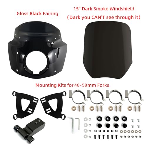 Image of FATECIM Motorcycle 5.75 inch Headlight Fairing with 15 inch Dark Smoke Windshield Windscreen & 48-58mm Mounting Kit Headlight Extension Block For Harley 2018 2019 2020 2021 2022 Softail FXBB Street Bob