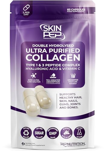Collagen Peptide 60 Capsules 1000mg, with Hyaluronic Acid (Not Collagen Powder) - 1 Month Supply - Premium Halal Double Hydrolysed Type 1&3 Collagen Supplements for Women & Men - by SkinPep