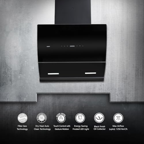 Image of KAFF LYRA DHC 60 Filter-less Auto Clean Slant Kitchen Chimney 60 CM with 1250 m3 /hr Suction Capacity, Touch with Motion Sensor Control, Motorized Vent Opening System and Digital Display (Black)