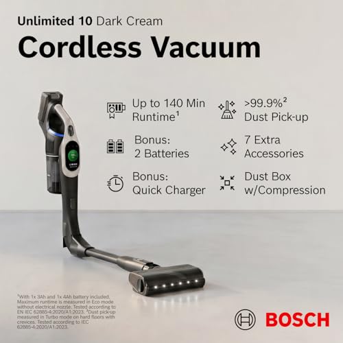 Image of Bosch Unlimited 10 Cordless Stick Vacuum Cleaner - 2 Batteries Included, Up to 140 Min Total, Bendable Tube, Fast Charger, Pet Hair, Hard Floors and Carpets, 7 Accessories, Dark Cream