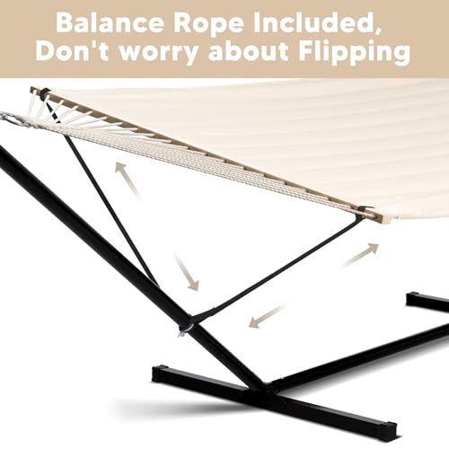 Image of SUNCREAT Hammocks Extra Large Double Hammock with 12 ft Stand, 475lbs Capacity, Outdoor Portable Hammock with Hardwood Spreader Bar, Extra Large Pillow, Beige