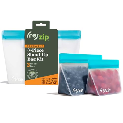 (re) zip 3-Piece Stand-Up Reusable Bag Kit | BPA-Free, Food Grade, Leakproof, Freezer and Dishwasher Safe | Quart (1), 2-Cup (1), Snack (1) | Aqua