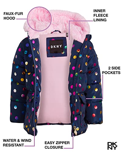 Dkny Baby Girls' Jacket - Fleece Lined Quilted Bubble Puffer Windbreaker Coat (12M-4T), Size 12 Months, Polka Dot Navy #TOP1