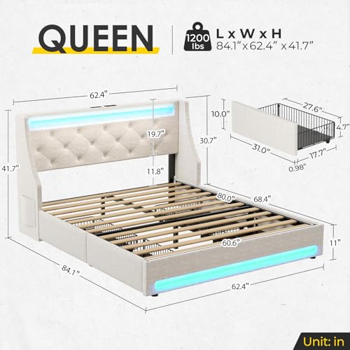Image of Rolanstar Queen Bed Frame with LED Lights and Charging Station, Upholstered Bed with Drawers, Wooden Slats, Noise Free, Easy Assembly, Beige