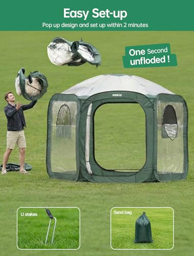 Porayhut Pop up Greenhouse Tent,Portable Large Walk-in Plant House 10’X10’ ,Indoor Outdoor Gardening Plant Sunshine Room with PVC Mesh Cloth Cover for Protecting Plant from Cold Frost & Birds