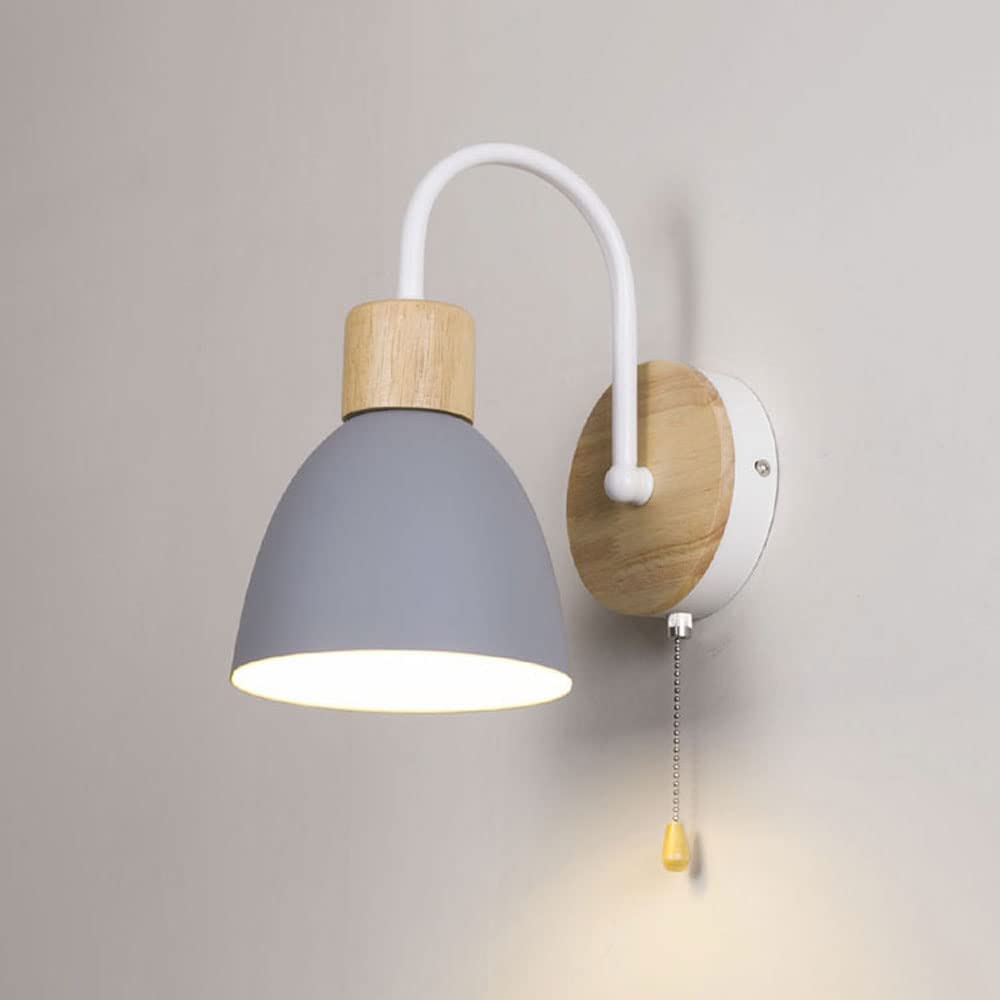 HYJAUSXB Modern Nordic Hardwired Wall Light - Wood Lamp with Pull Chain Switch Bedroom Bedside Headboard Lighting Mount Lights for Study Room, Hallway, Foyer (Black-Green) (Whitegray)