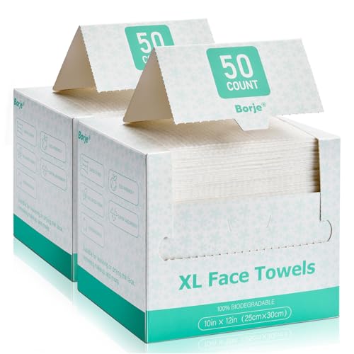 Image of Borje Face Towels XL, Disposable Face Towel 10 inch x 12 inch, 100 Count (2 Packs of 50), 100% USDA Biobased Facial Towelettes, Ultra Soft & Hygienic Makeup Remover Dry Wipes for Women Cleansing
