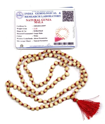 ASHIRWAD Red, White Gunja Mala Beads Necklace, 108 Beads, 14 Inches, Meditation Rosary (White Ratti)
