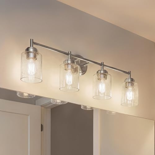 Image of Kichler Winslow 30 inch Vanity Light in Brushed Nickel, 4-Light Transitional Bathroom Light with Clear Seeded Glass. (30 inch W x 9.25 inch H), 45887NI