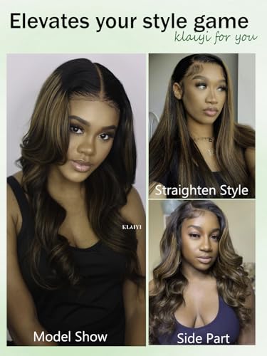 Image of KLAIYI Bye Bye Knots Glueless Ombre Brown Body Wave Pre Cut 7x5 Lace Front Wigs Human Hair Drawstring Pre Plucked Bleached Pre Everything Ready to Wear and Go Wig Highlight Balayage Colored Wig 18Inch