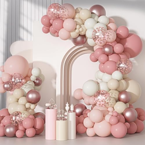 Kit Arco Palloncini Rosa Retrò, 114pz Arco per Palloncini Rosa Pastello con Palloncino Beige Bianco, Ghirlanda Palloncino RosaGold per Decorazioni Compleanno Bambina Matrimonio Anniversari Baby Shower