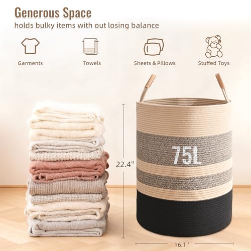 Image of Large Laundry Basket, Laundry Hamper with Leather Handles, 75L Woven Dirty Clothes Hamper, Rope Hampers for Bedroom, Barthroom, Brown Black