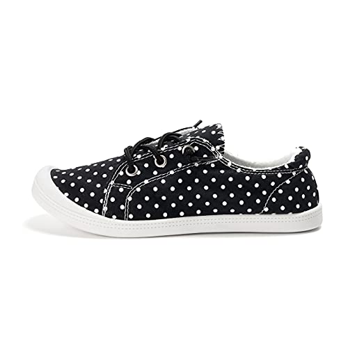 Funkymonkey Women's Canvas Sneakers, Classic Low Top Comfort Lace Up Slip-On Casual Flat Walking Shoes (5 M Us, White Dot/Jd) #TOP1