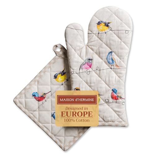 Maison d' Hermine 100% Cotton Oven Mitt & Pot Holder Set (7.5"x13" & 8"x8") Heat Resistant BBQ Cooking Gloves with Loop, Baking, Grilling, Kitchen, Handling Hot Pans Spring/Summer (Birdies On Wire)
