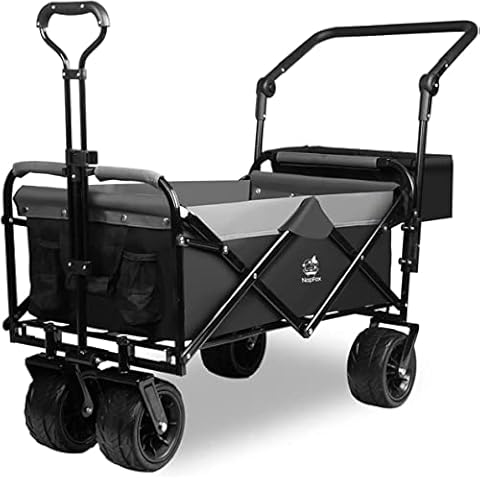 Collapsible Folding Wagon Cart Utility Wagon with Removable Rear Bag Adjustable Push Pull Handle, All Terrain Beach Wagon with Big Wheel for Sand, Heavy Duty Foldable Beach Cart for Sand (Black-Gray)
