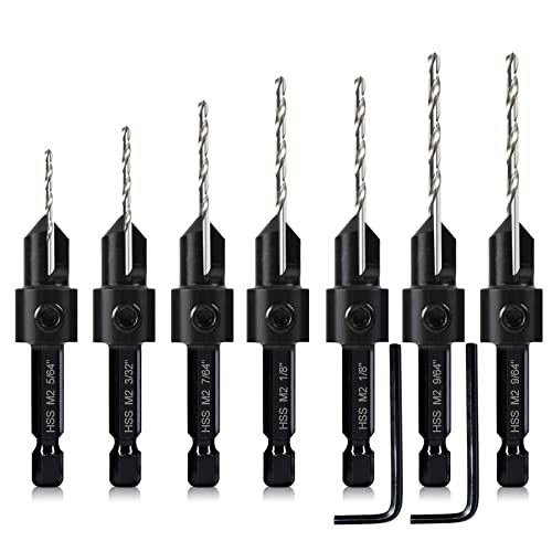 7 Pcs M2 Countersink Drill Bit Set, 3In1 Wood Pilot Countersink Drill Bits For #4#6#8#10#12 Screws Holes, With Adjustable Depth Stop,Quick Release Hex Shank, 2-Allen Wrench #TOP6