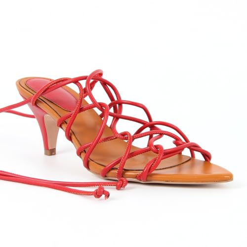 Richealnana Women's Gladiator Pointed Toe Kitten Heel Lace Up Strappy Sandals High Heel2