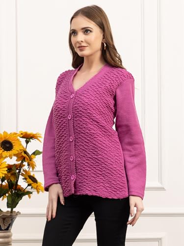 Image of Women's Winter Woolen Cardigan | Full Sleeve Textured Buttoned Sweater for Women | Soft Wool V-Neck Warm Knitted Outerwear for Office & Casual Wear
