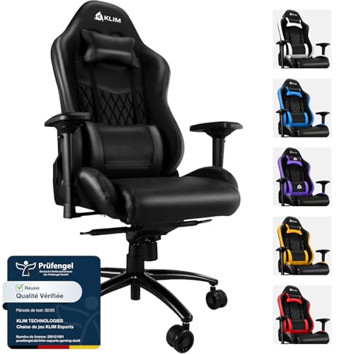 KLIM Esports Chaise Gaming – Chaise de Bureau avec Accoudoirs 4D, Capacité de 170 kg, Dossier Inclinable, Fauteuil Ergonomique avec Coussins Cervical et Lombaire, roulettes Silencieuses – Noir