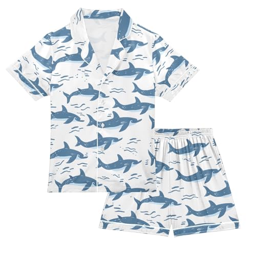 ALAZA Summer Animals Dolphin Pajamas Satin Pajama Set Short Sleeve Button Down Sleepwear