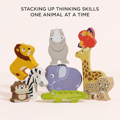 Le Toy Van - PL117 - Lernspiel Tiere der Savanne, stapelbar, für Kinder ab 18 Monaten, Balance-Aktivität, 9 Tiere und Tasche, aus FSC-Holz, ökologisches Spiel, plastikfrei, Petilou