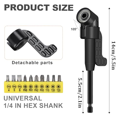 21 Pcs Right Angle Drill Attachment Set Includes 2Pcs Flexible Drill Bit Extension 3Pcs 360° Rotatable 1/4 3/8 1/2\" Impact Grade Socket Adapter 3Pcs Drill Bit Holder 10 Short Screwdriver Bits