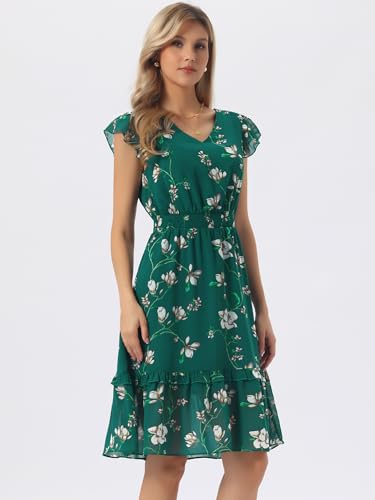 Image of Allegra K Women's Floral Dress Spring Summer V Neck Flutter Sleeve Ruffle Casual Smocked Knee Length Dresses