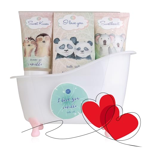 Accentra – I LOVE YOU Bade- & Duschset mit Vanilleduft - Geschenkset für Frauen zum Geburtstag & Valentinstag - 5-Teiliges Wellness Pflegeset mit Mini Deko-Badewanne