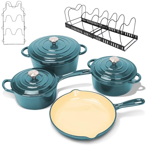 Comparison: Best Pampered Chef Enameled Cast Iron Set 9 Nonstick Enameled Cast Iron Cookware Set- 9 Pieces Dutch Oven Pot with Lid for Braising, Stews, Roasting, Bread Baking, Cooking Pot Oven Safe & Compatible with All Stovetop, Teal Ombre