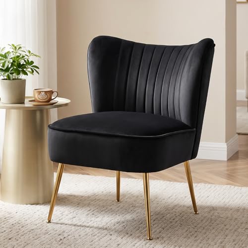 Ya-Home Velvet Accent Chair Occasional Tub Chair with Golden Metal Legs Upholstered Wingback Corner Chair for Living room Black