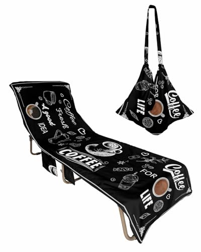 Black Coffee Beach Lounge Chair Towel Cover, Soft Chaise Lounge Towel with Side Pockets Patio Pool Chairs Cover for Beach/Pool Sunbathing 29x85 Farmhouse Coffee Life Classic Black