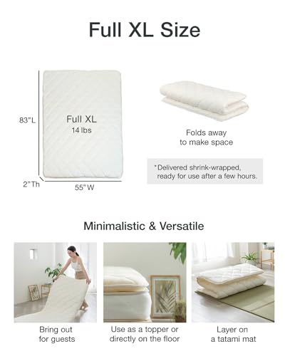 Image of FULI Japanese Futon, Full XL Size, White - Foldable Shikibuton Floor Bed | Medium Firm Quilted Cotton Sleeping Pad, Portable Roll-Up Japanese Floor Bed for Guests & Small Spaces, 100% cotton surface