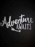 Adventure Awaits Outdoors Hiking Camping Vinyl Decal Sticker|White|Cars Trucks Vans SUV Boats Laptops Wall Art|5.75' X 3'|CGS443