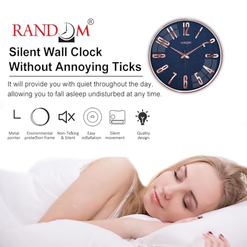 Image of RANDOM Silent Wall Clock, Non-Ticking Quartz Movement, Foiling Ring and 3D Numbers (Navy Blue)