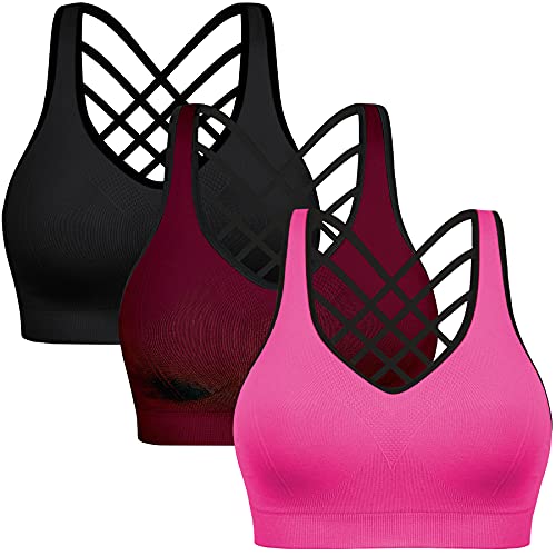Padded Strappy Sports Bras for Women - Activewear Tops for Yoga Running Fitness Pack of 3 Color Black Burgundy Hotpink Size XL
