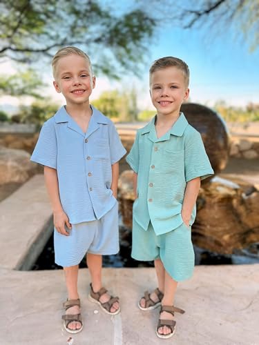 Image of Arshiner Toddler Baby Boy 2 Pieces Summer Beach Outfits Short Sleeve Button Down Shirts and Shorts Vacation Texture Set