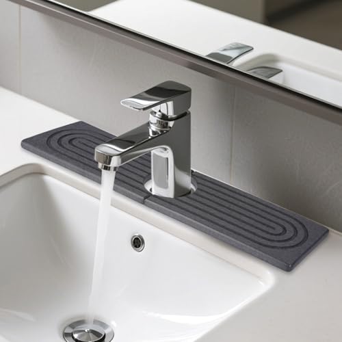 Rairsky Absorbent Faucet Mat,Protector Mueble Fregadero de Diatomita,Alfombrilla para Grifo de Fregadero,Alfombrilla para Grifo de Cocina,para Cocina,Baño,Restaurante con Papel de Lija (Gris 40x10cm)