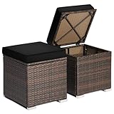 RELAX4LIFE Wicker Outdoor Storage Ottoman, 2-Piece Rattan Footstool w/Removable Cushion, Multipurpose Footrest Stool Side Table Additional Seating, Set of 2 Outdoor Ottomans for Patio Deck (Black)