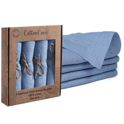 CottonCove 100% Linen Hemstitch Cloth Dinner Napkins - Soft Durable Washable - Ideal for Farmhouse Parties Wedding Christmas - Perfect Everyday Use Set of 4 Table Cloth Napkins 18x18 Light Blue