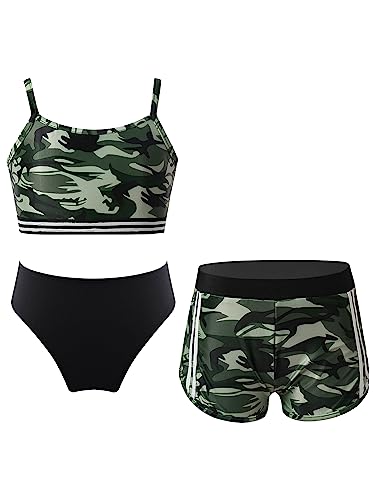 Girls 3 Piece Bathing Suit Printed Beach Swimwear Bikini Set with Shorts Kids Athletic Tankini Swimsuits